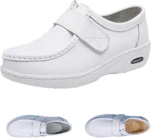 Keilinia Women's White Air Cushion Nurse Shoes,Fall/Winter Comfy Leather Adjustable Orthopedic Healthcare Wedge Walking Sneaker