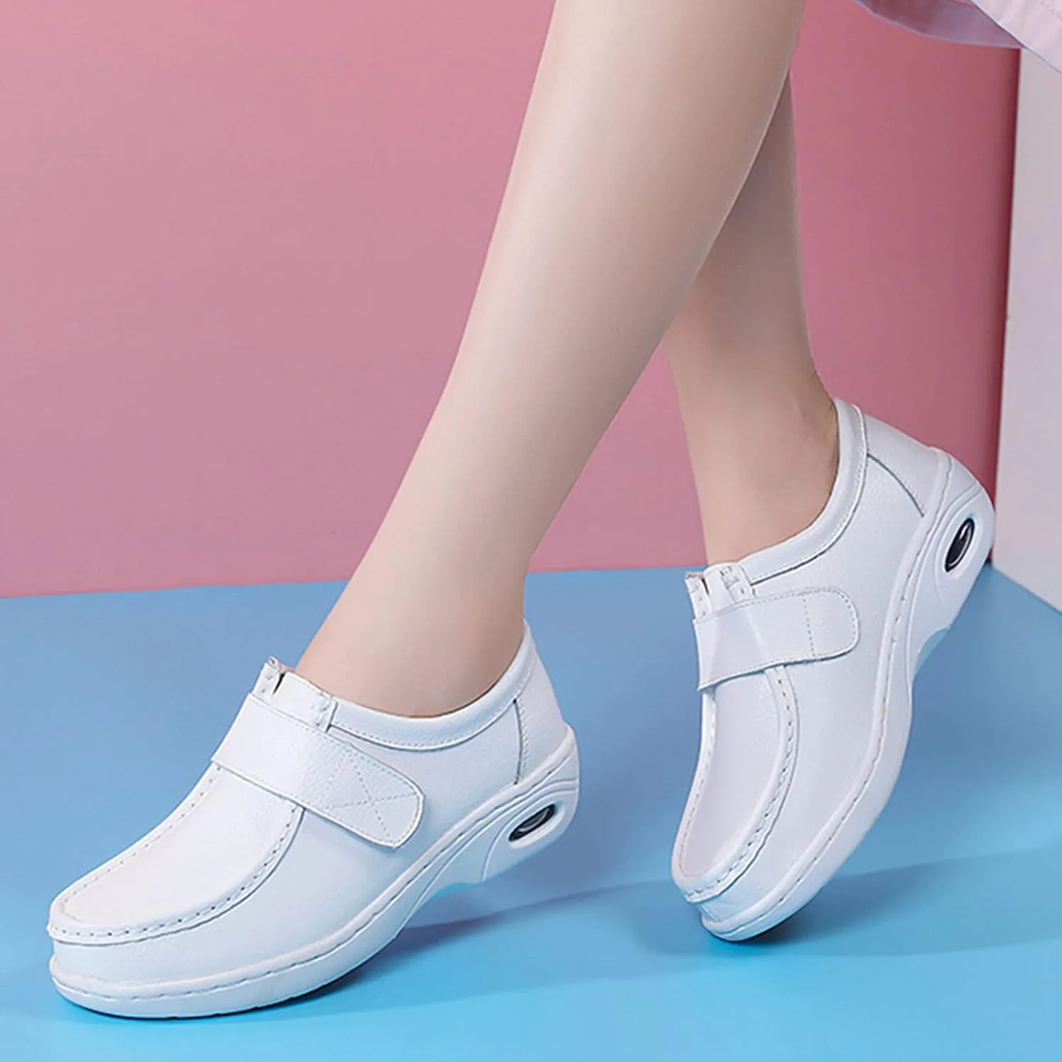 Keilinia Women's White Air Cushion Nurse Shoes,Fall/Winter Comfy Leather Adjustable Orthopedic Healthcare Wedge Walking Sneaker