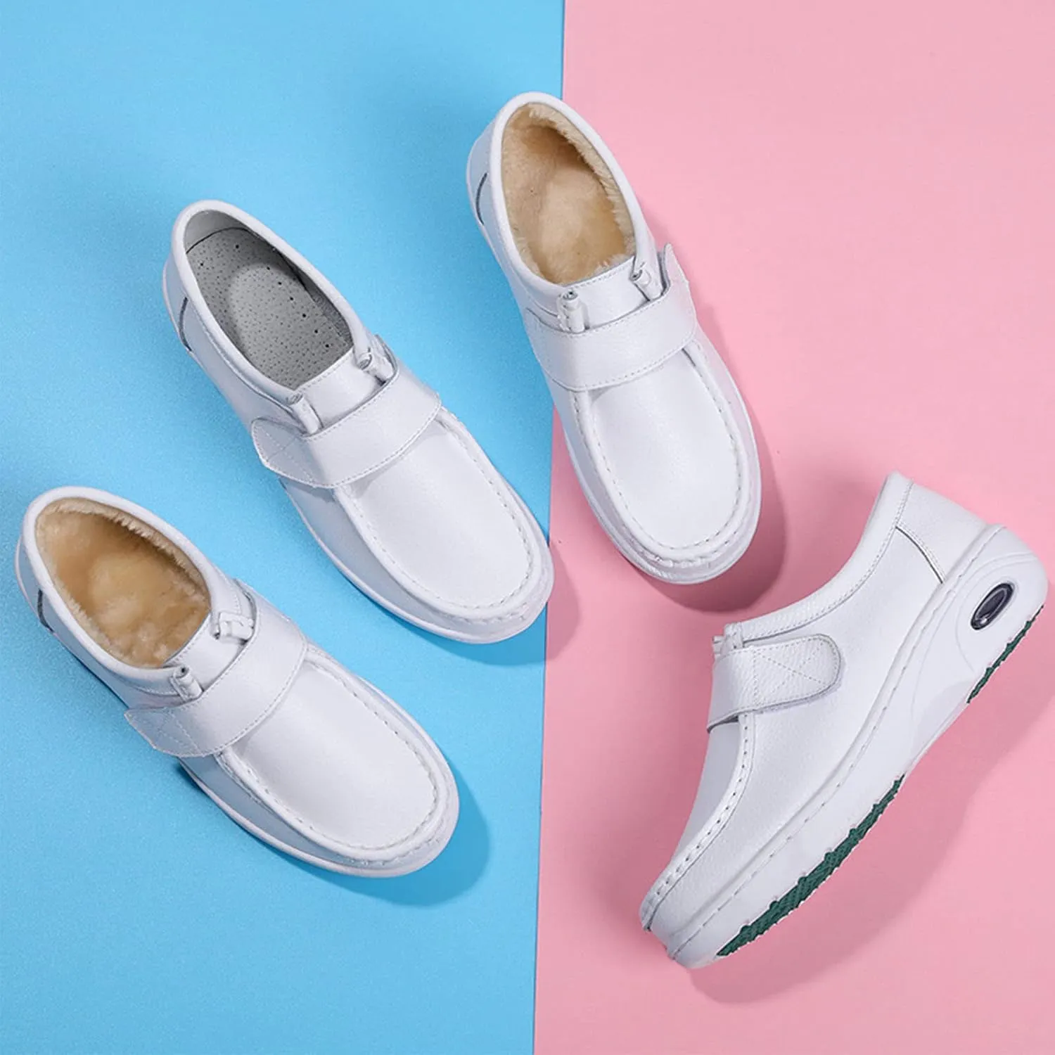 Keilinia Women's White Air Cushion Nurse Shoes,Fall/Winter Comfy Leather Adjustable Orthopedic Healthcare Wedge Walking Sneaker
