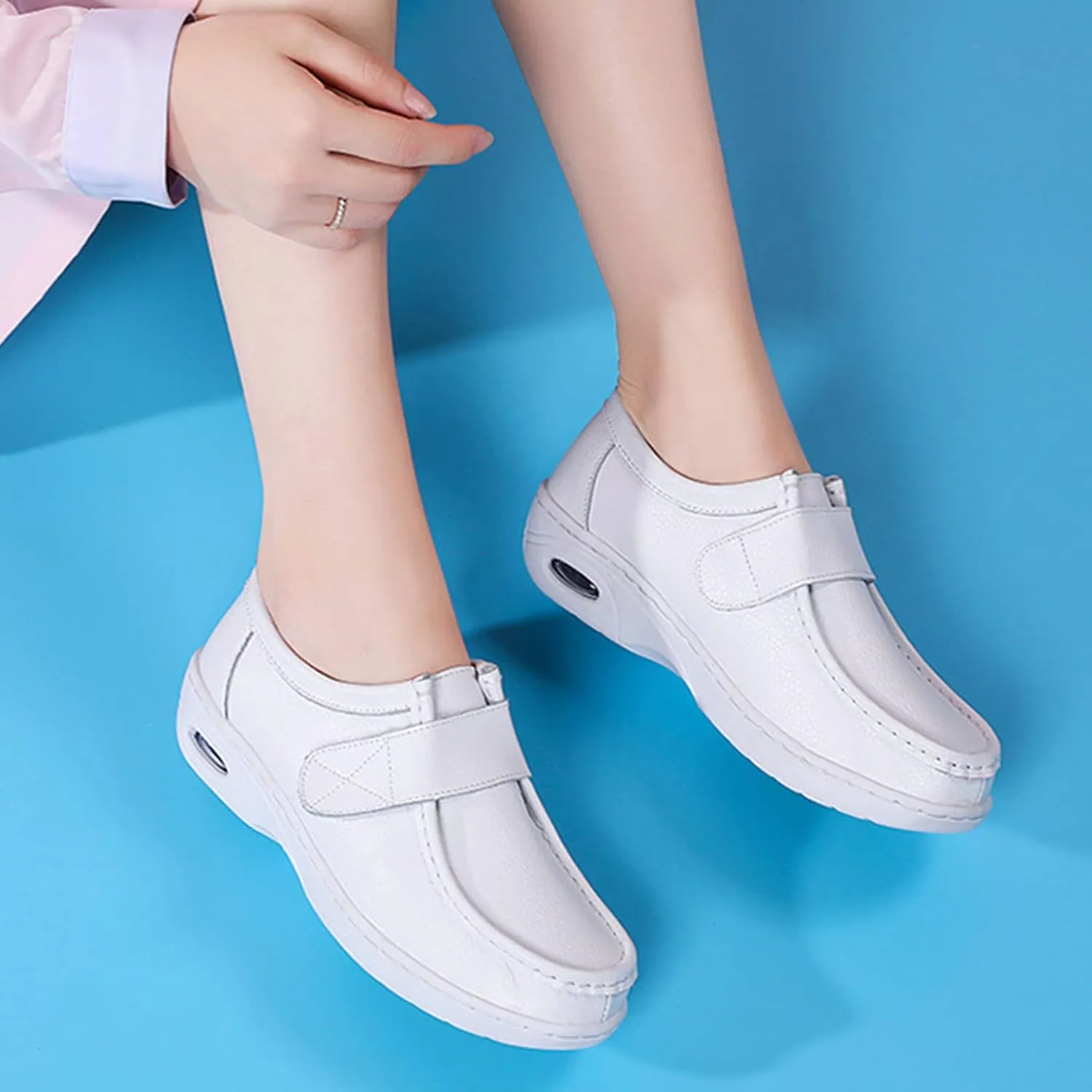Keilinia Women's White Air Cushion Nurse Shoes,Fall/Winter Comfy Leather Adjustable Orthopedic Healthcare Wedge Walking Sneaker