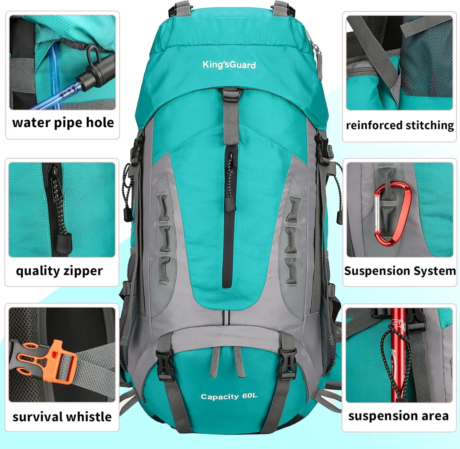 King'sGuard 60L Hiking Backpack Men Women Camping Backpack Waterproof Backpacking Mountaineering Climbing Daypack (Lake Blue)