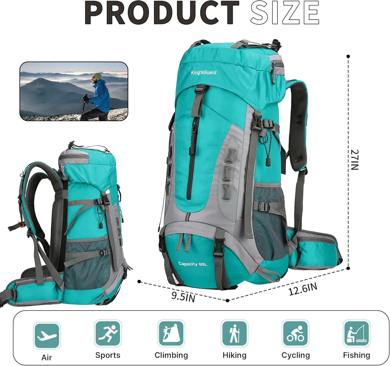 King'sGuard 60L Hiking Backpack Men Women Camping Backpack Waterproof Backpacking Mountaineering Climbing Daypack (Lake Blue)