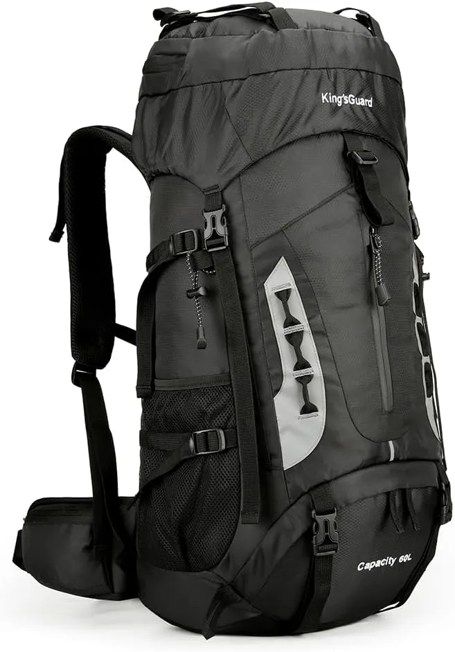 King'sGuard 60L Hiking Backpack Men Women Camping Backpack Waterproof Backpacking Mountaineering Climbing Daypack with Rain Cover (Black)