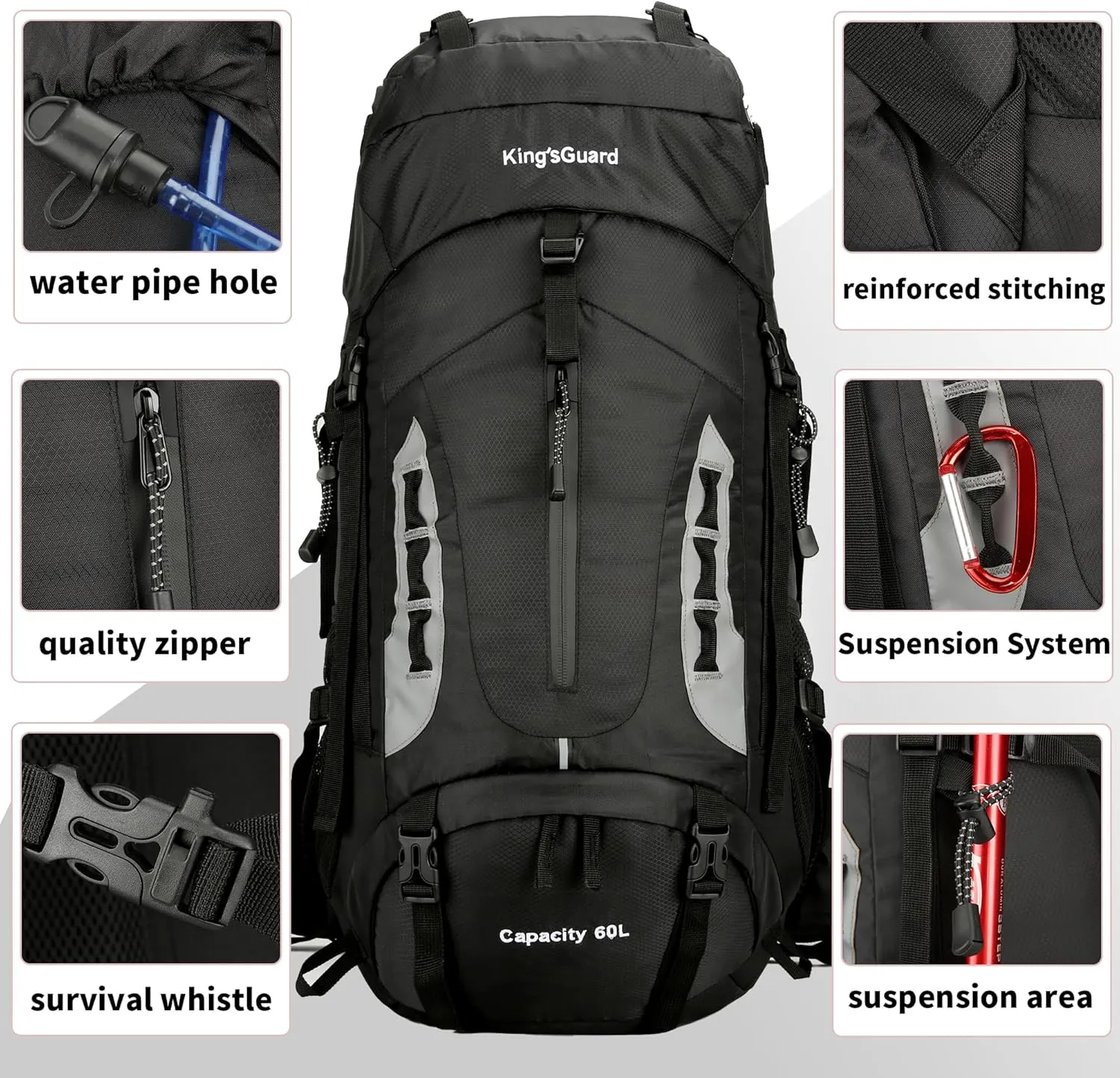 King'sGuard 60L Hiking Backpack Men Women Camping Backpack Waterproof Backpacking Mountaineering Climbing Daypack with Rain Cover (Black)