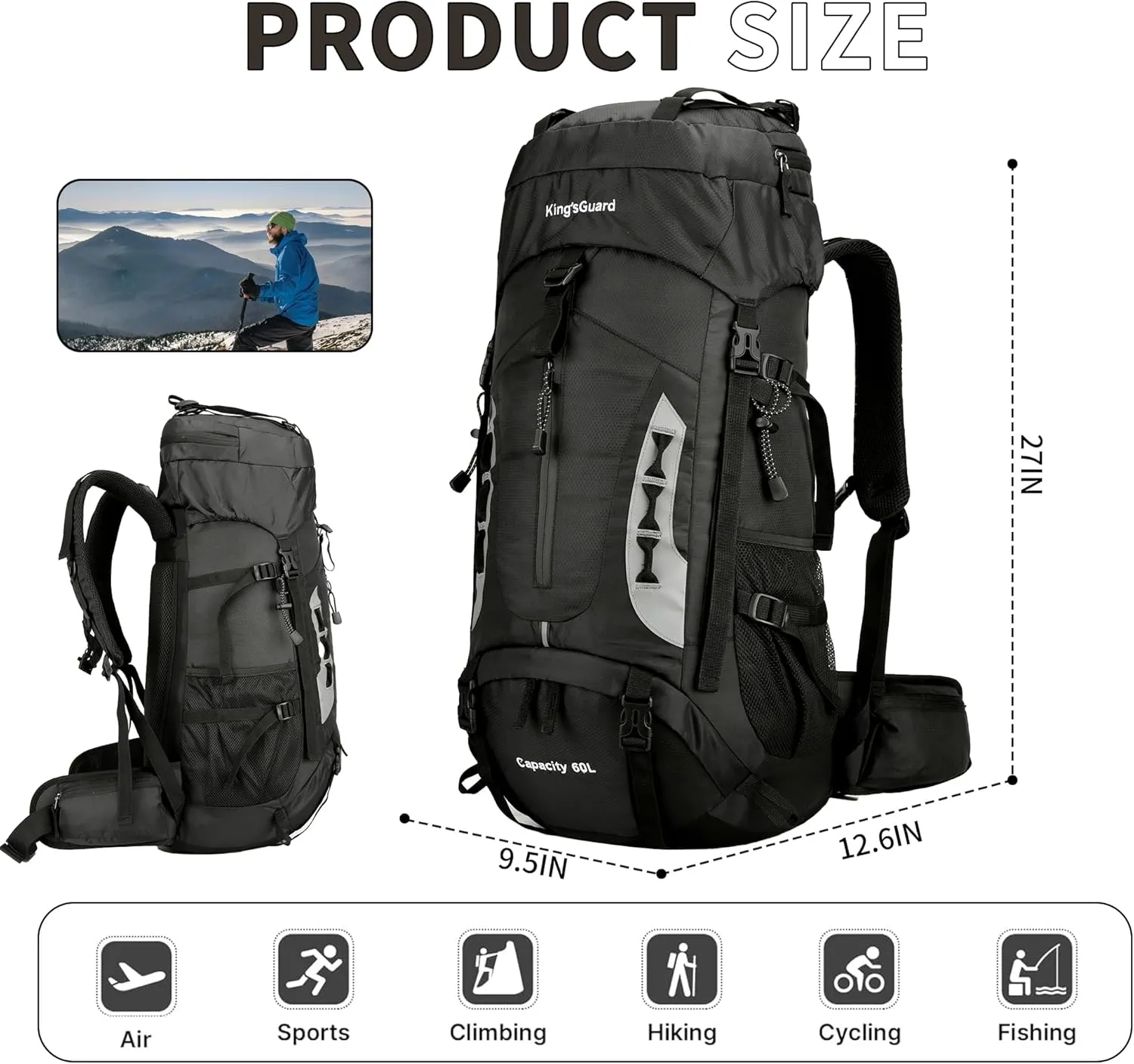 King'sGuard 60L Hiking Backpack Men Women Camping Backpack Waterproof Backpacking Mountaineering Climbing Daypack with Rain Cover (Black)