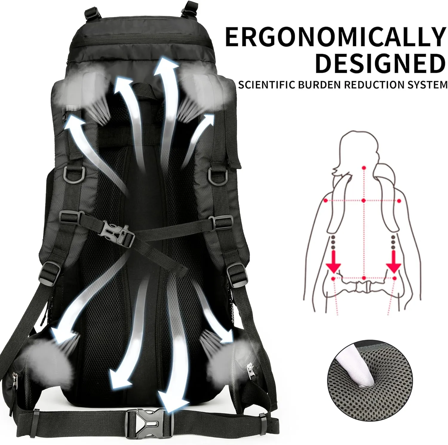 King'sGuard 60L Hiking Backpack Men Women Camping Backpack Waterproof Backpacking Mountaineering Climbing Daypack with Rain Cover (Black)