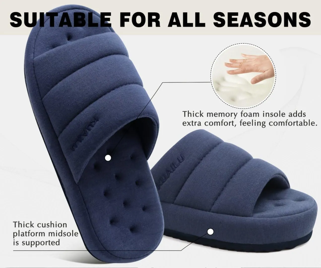 KuaiLu Men's Fashion Quilted Cotton-blend Fabric Sandal Slippers Cozy Memory Foam Indoor/Outdoor House Shoes with Lightweight Soft Cushion Footbed Hard Rubber Sole