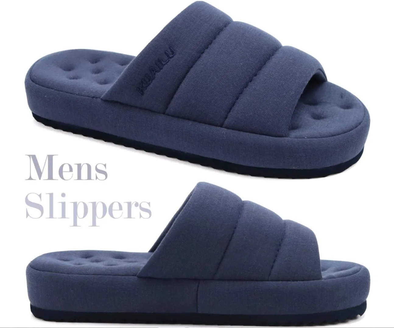 KuaiLu Men's Fashion Quilted Cotton-blend Fabric Sandal Slippers Cozy Memory Foam Indoor/Outdoor House Shoes with Lightweight Soft Cushion Footbed Hard Rubber Sole