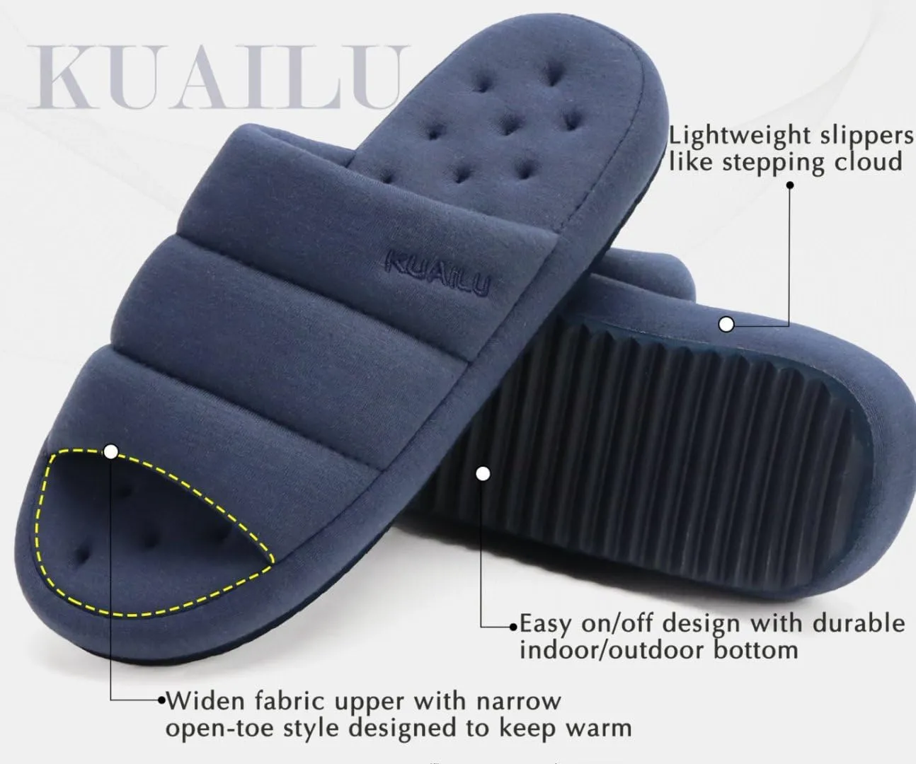 KuaiLu Men's Fashion Quilted Cotton-blend Fabric Sandal Slippers Cozy Memory Foam Indoor/Outdoor House Shoes with Lightweight Soft Cushion Footbed Hard Rubber Sole