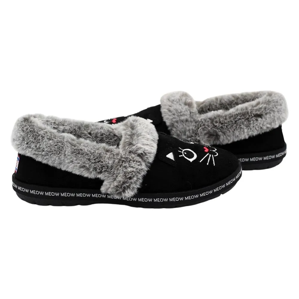 Ladies Skechers Too Cozy Meow Pajamas Black Faux Fur Slippers 33355/BLK