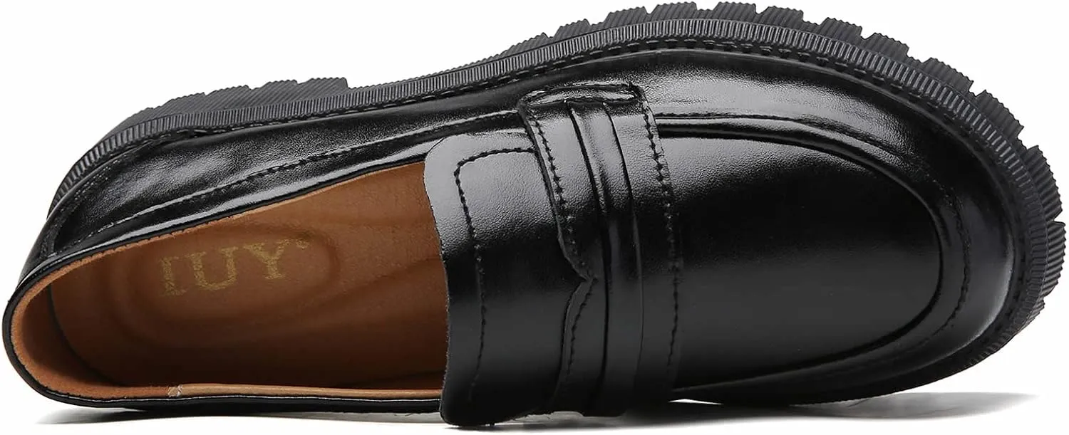 Loafers for Women Leather Chunky Platform Penny Shoes Classic Round Toe Comfortable Business Work Shoes