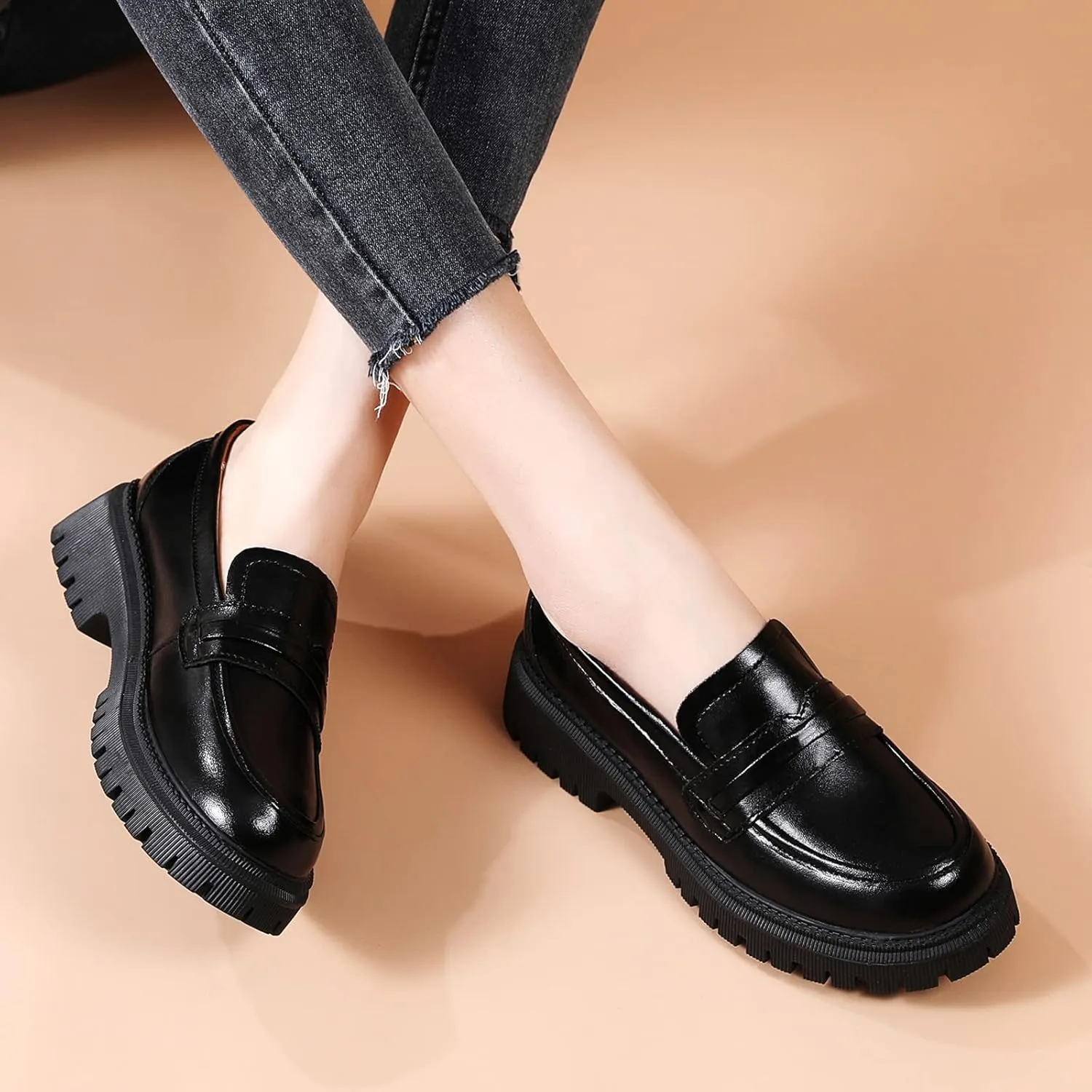 Loafers for Women Leather Chunky Platform Penny Shoes Classic Round Toe Comfortable Business Work Shoes