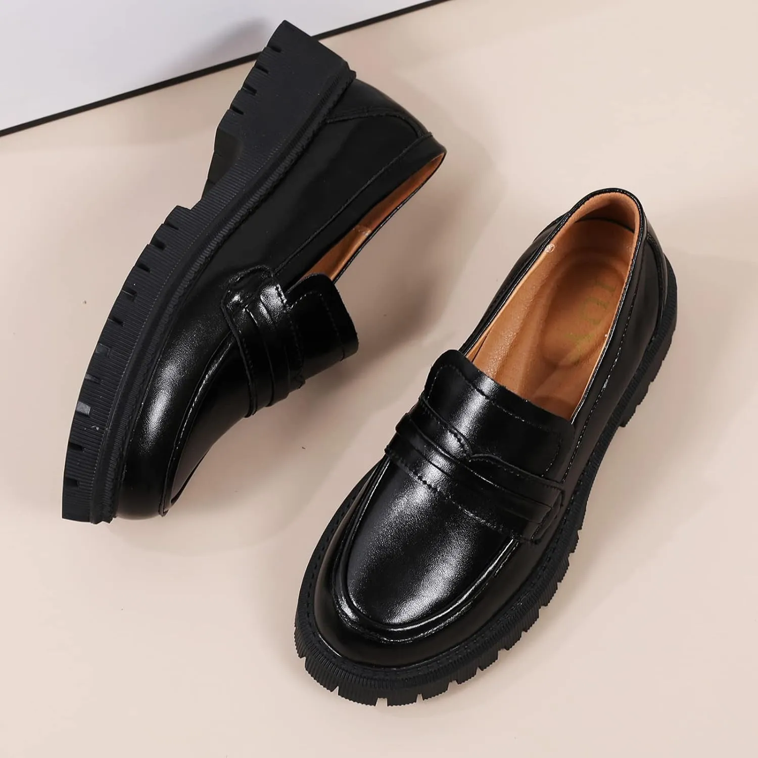 Loafers for Women Leather Chunky Platform Penny Shoes Classic Round Toe Comfortable Business Work Shoes