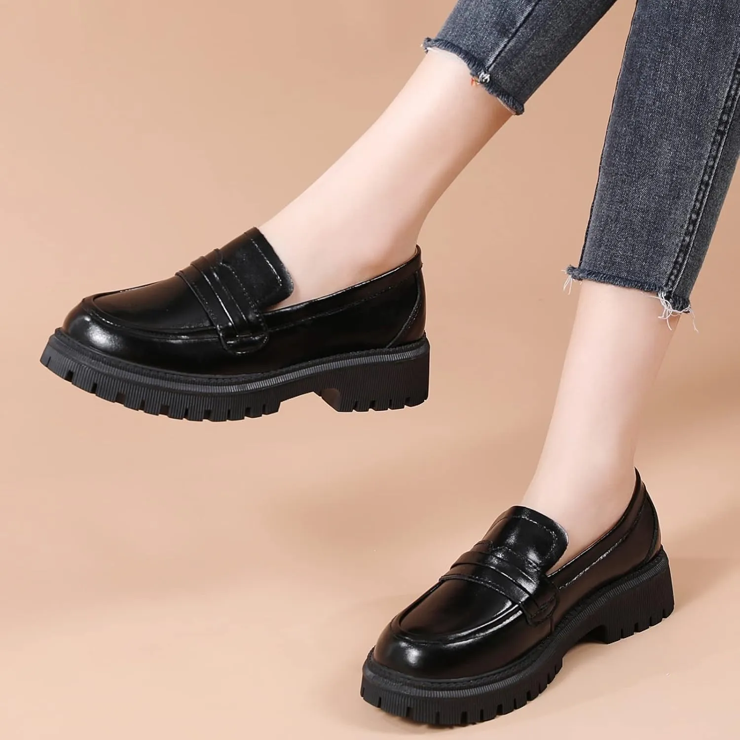 Loafers for Women Leather Chunky Platform Penny Shoes Classic Round Toe Comfortable Business Work Shoes