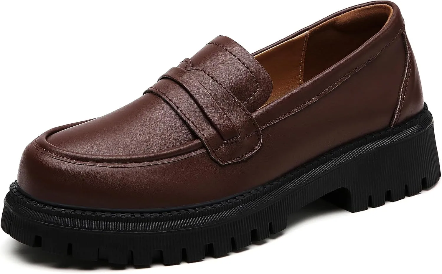 Loafers for Women Leather Chunky Platform Penny Shoes Classic Round Toe Comfortable Business Work Shoes