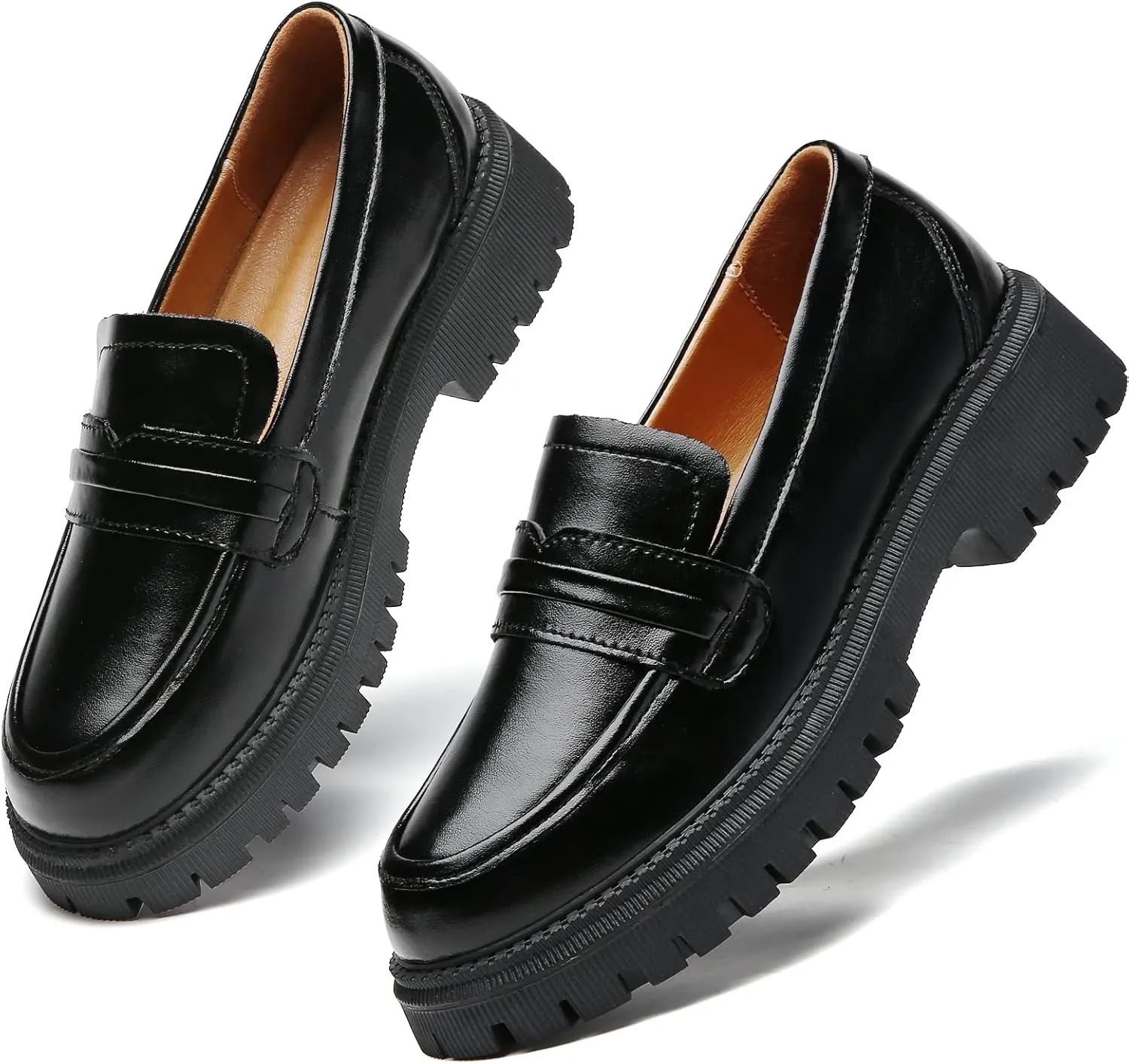 Loafers for Women Leather Chunky Platform Penny Shoes Classic Round Toe Comfortable Business Work Shoes