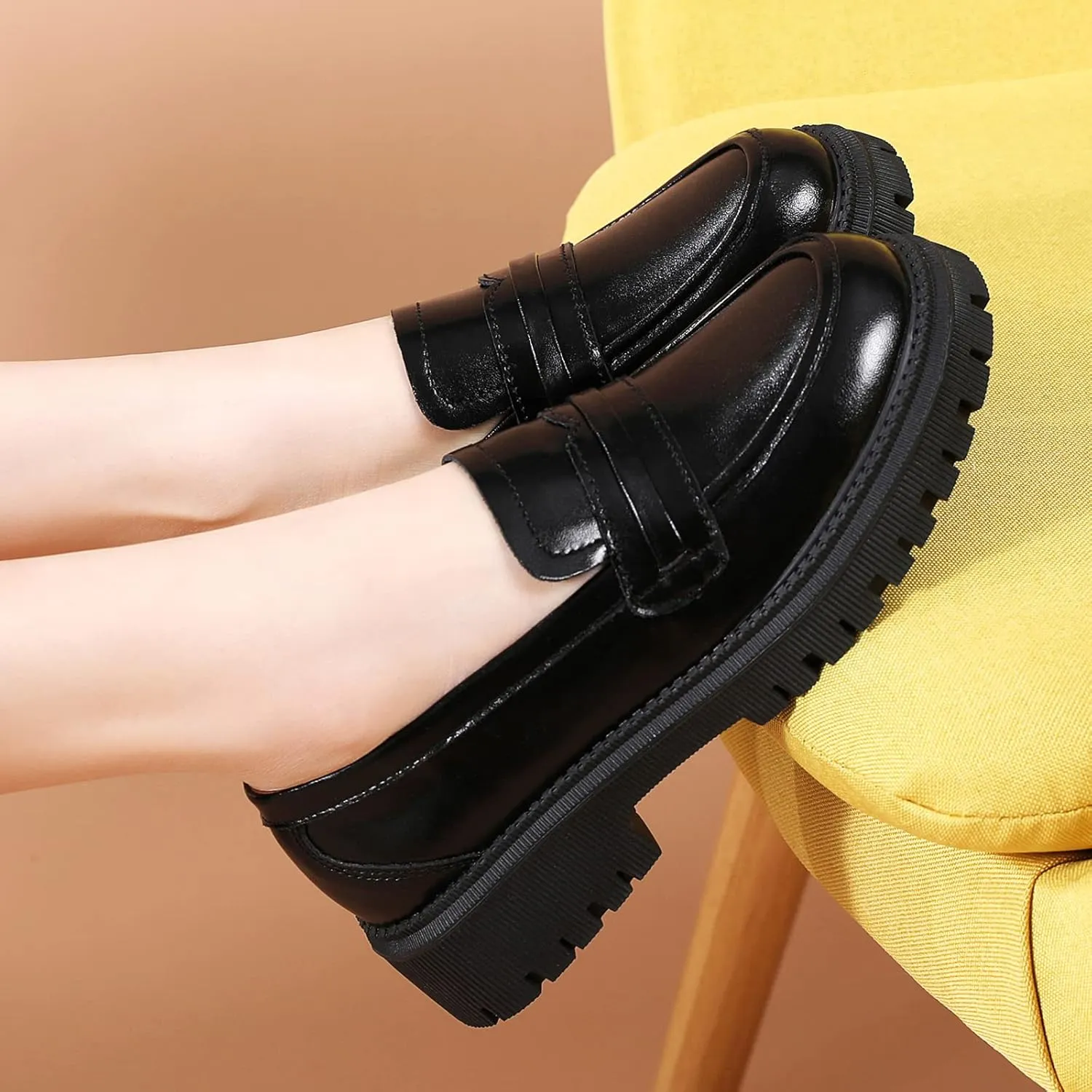 Loafers for Women Leather Chunky Platform Penny Shoes Classic Round Toe Comfortable Business Work Shoes