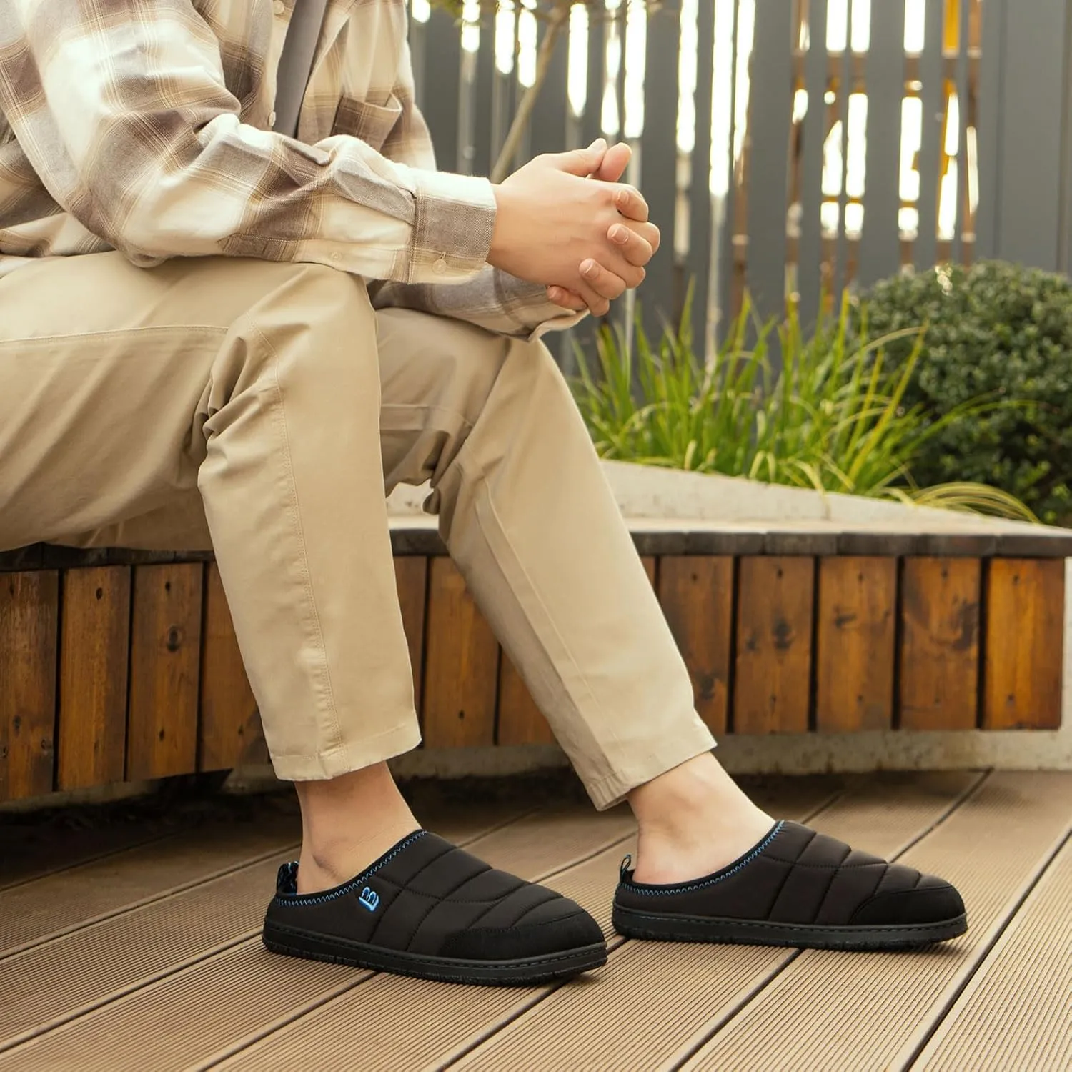 LongBay Mens Slip on Slippers Two-Tone Indoor Outdoor House Shoes Memory Foam Camping Garden Down Clogs