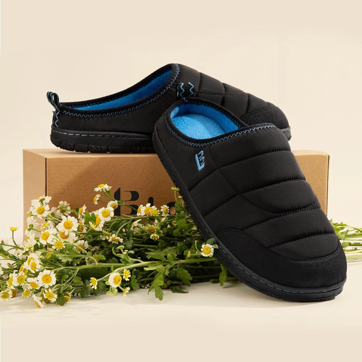 LongBay Mens Slip on Slippers Two-Tone Indoor Outdoor House Shoes Memory Foam Camping Garden Down Clogs