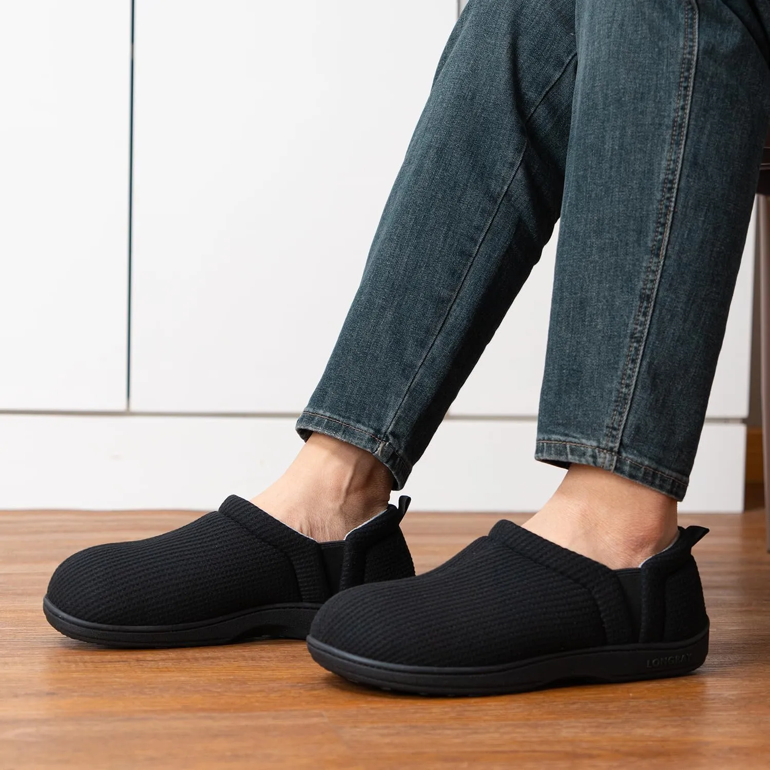 LongBay Men's Slippers Warm Bedroom House Shoes Slip-On Memory Foam Winter House Slippers for Indoor Outdoor