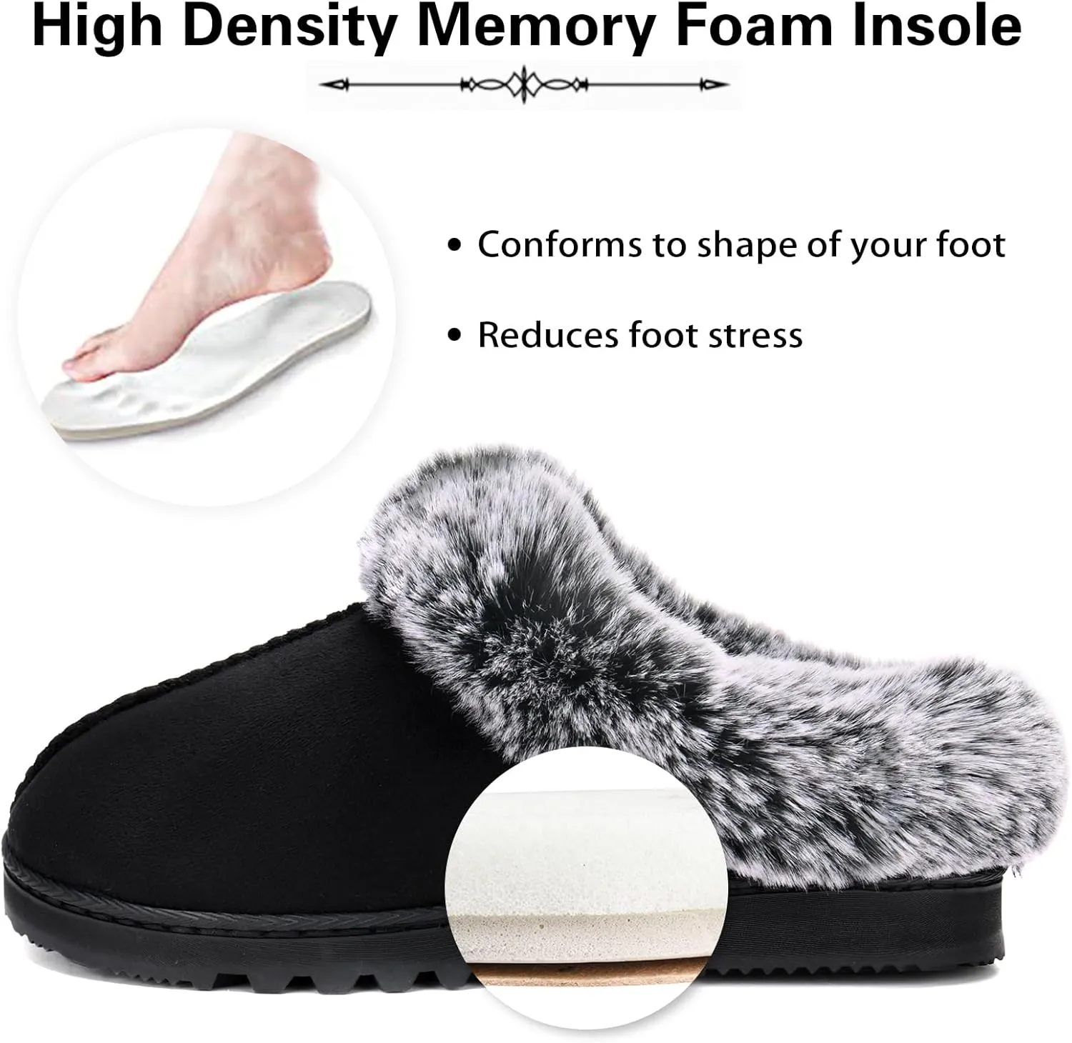 LORDFON Womens Slippers with Memory Foam,Winter House Slippers for Women with Warm Faux Fur Collar,Cozy Slip-on Bedroom Indoor Shoes