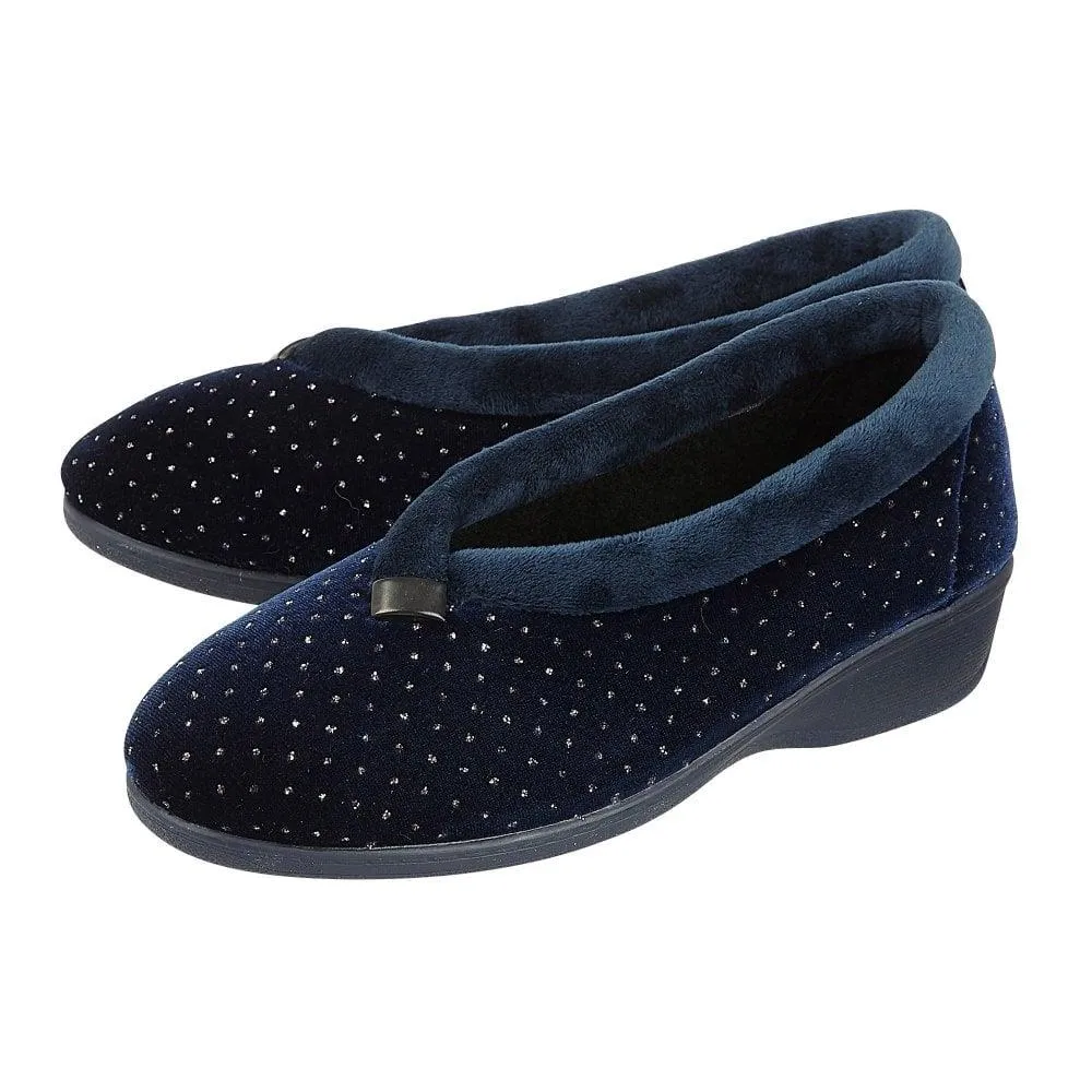 Lotus Ladies Beverley Navy Sparkly Slip On Wedge Slippers