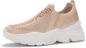 LUCKY STEP Women Slip On Rhinestone Sneaker Chunky Fashion Platform Sparkly Elastic Walking Shoes