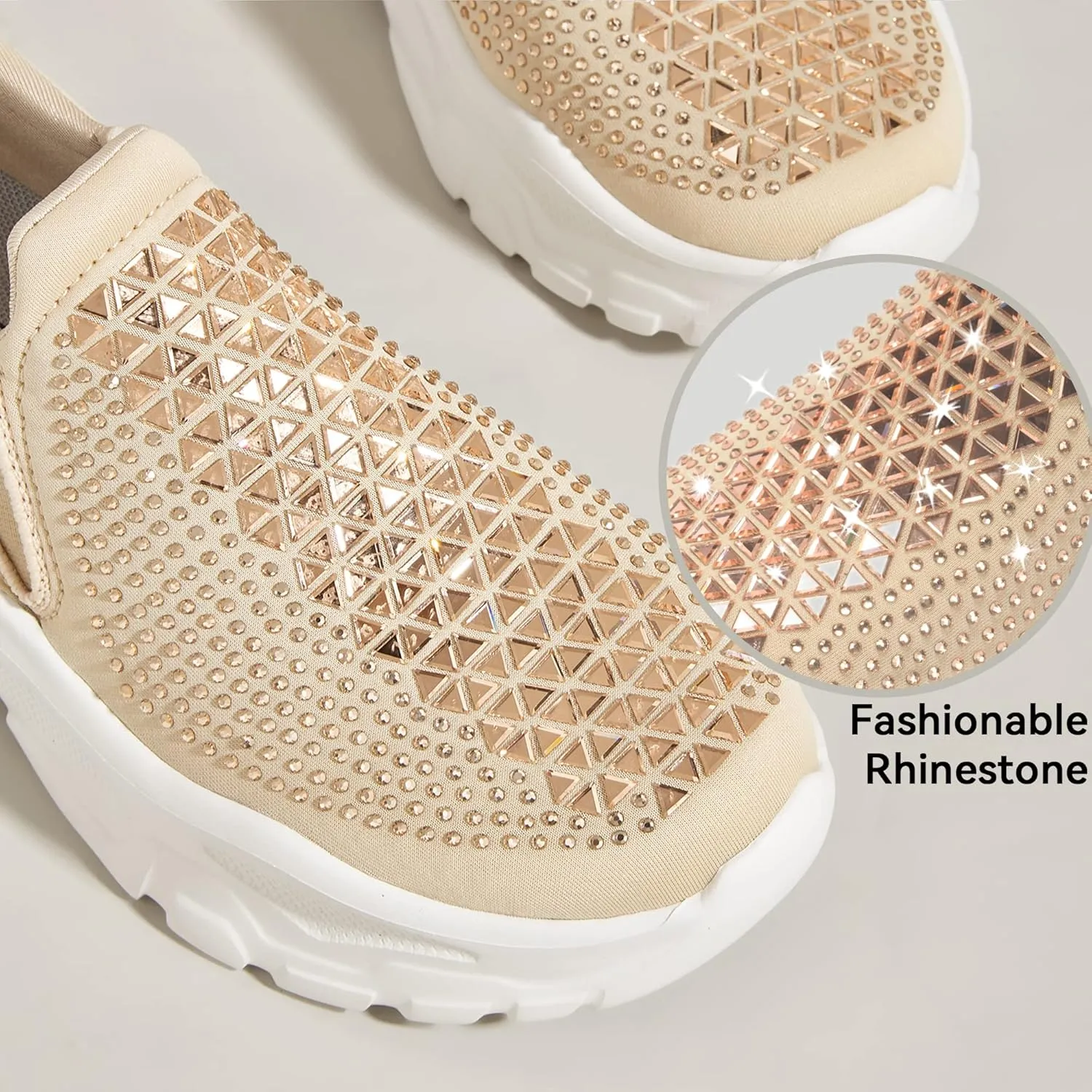 LUCKY STEP Women Slip On Rhinestone Sneaker Chunky Fashion Platform Sparkly Elastic Walking Shoes