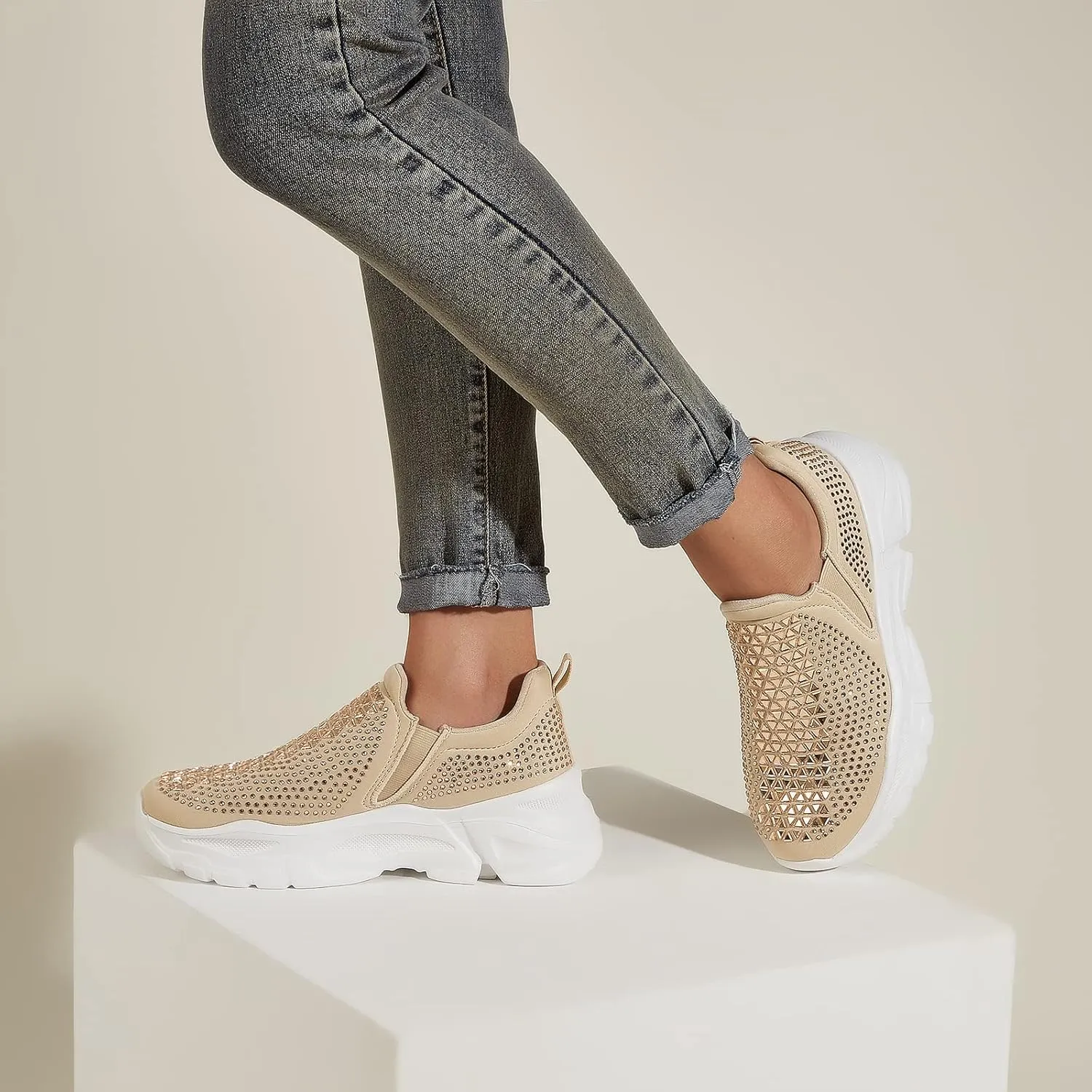 LUCKY STEP Women Slip On Rhinestone Sneaker Chunky Fashion Platform Sparkly Elastic Walking Shoes