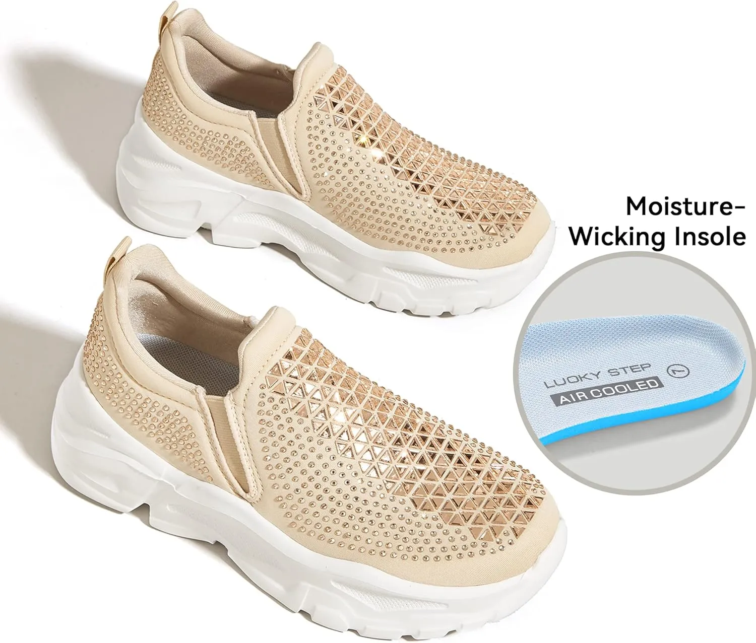 LUCKY STEP Women Slip On Rhinestone Sneaker Chunky Fashion Platform Sparkly Elastic Walking Shoes