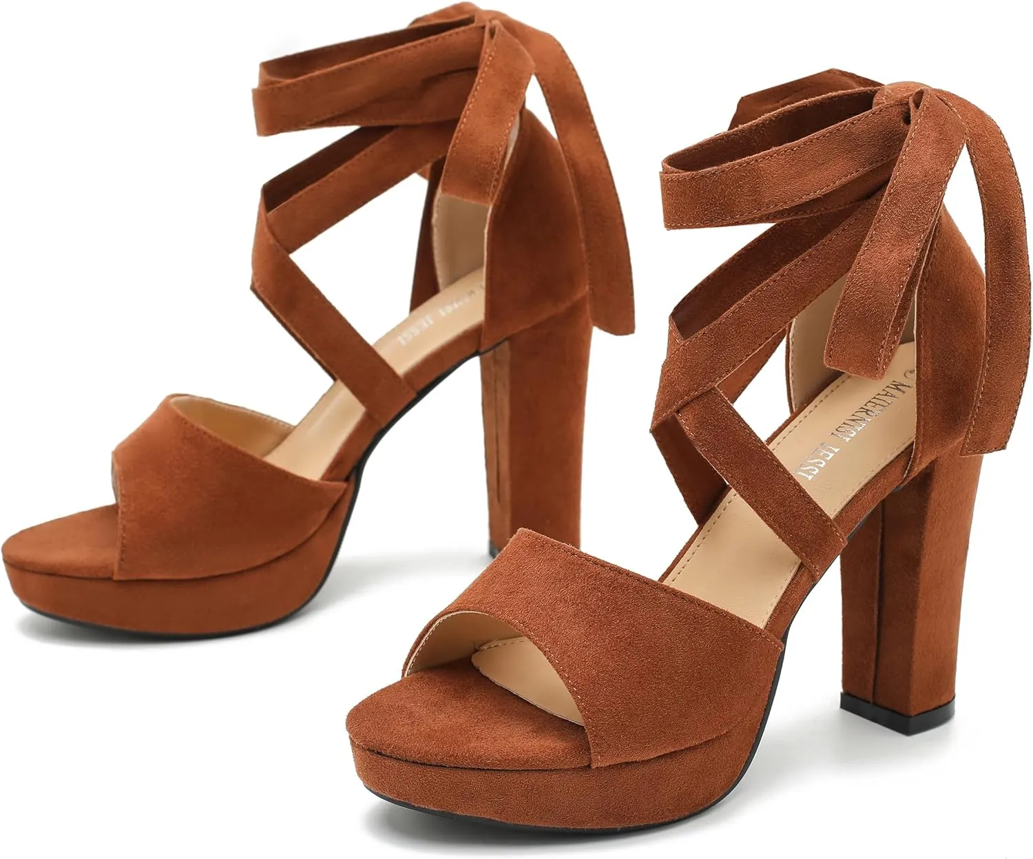 MAIERNISI JESSI Strappy Heels for Women Platform Lace Up Heels Open Toe Chunky High Heel Dress Sandals