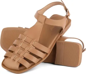 MaxMuxun Women's Closed Toe Flat Sandals Comfortable Ankle Strap Cut Out Cage Summer Roman Shoes