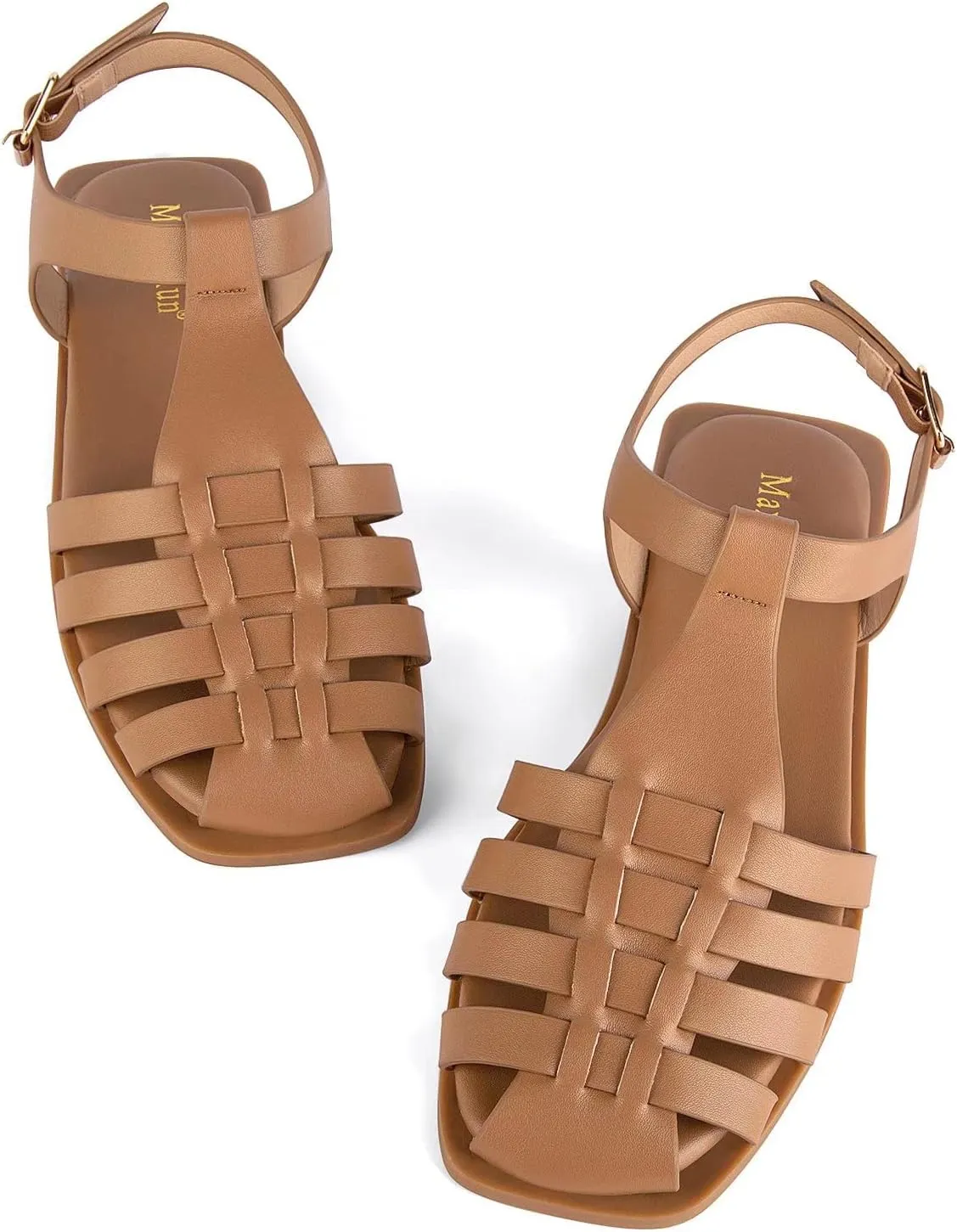 MaxMuxun Women's Closed Toe Flat Sandals Comfortable Ankle Strap Cut Out Cage Summer Roman Shoes