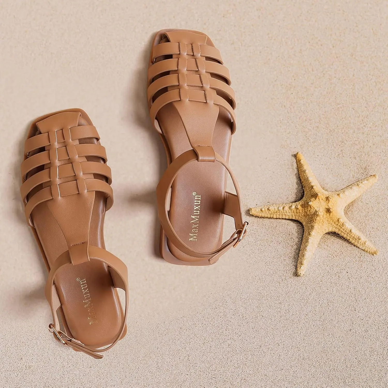 MaxMuxun Women's Closed Toe Flat Sandals Comfortable Ankle Strap Cut Out Cage Summer Roman Shoes