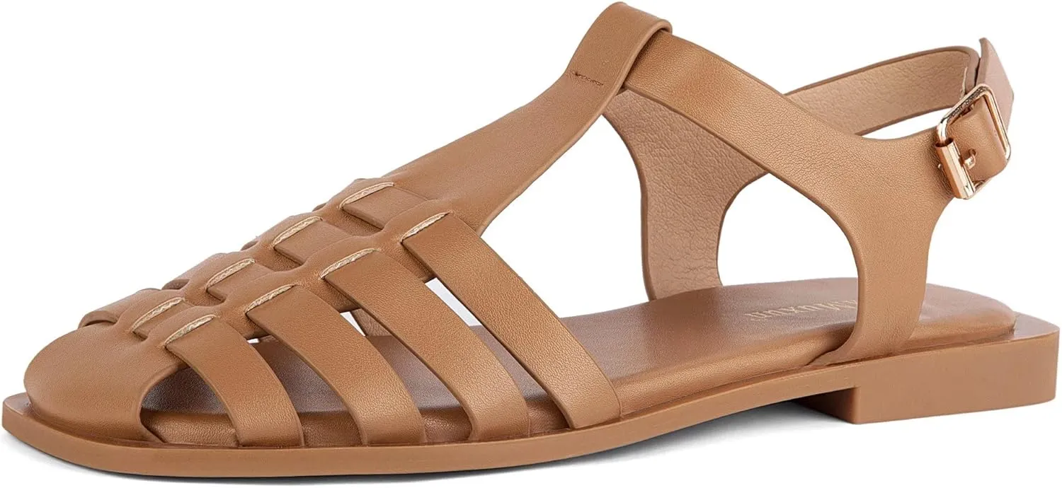 MaxMuxun Women's Closed Toe Flat Sandals Comfortable Ankle Strap Cut Out Cage Summer Roman Shoes