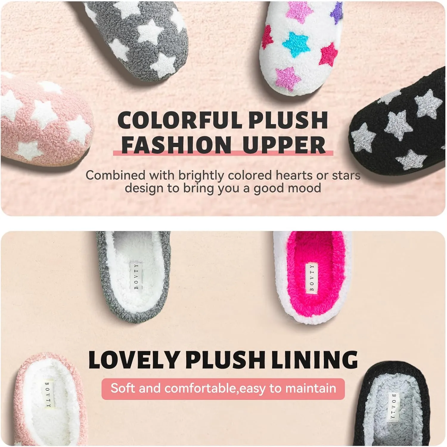 Memory Foam Slippers for Women - House Slip-on with Colorful Hearts & Stars Pattern Cute Cozy Bedroom shoes