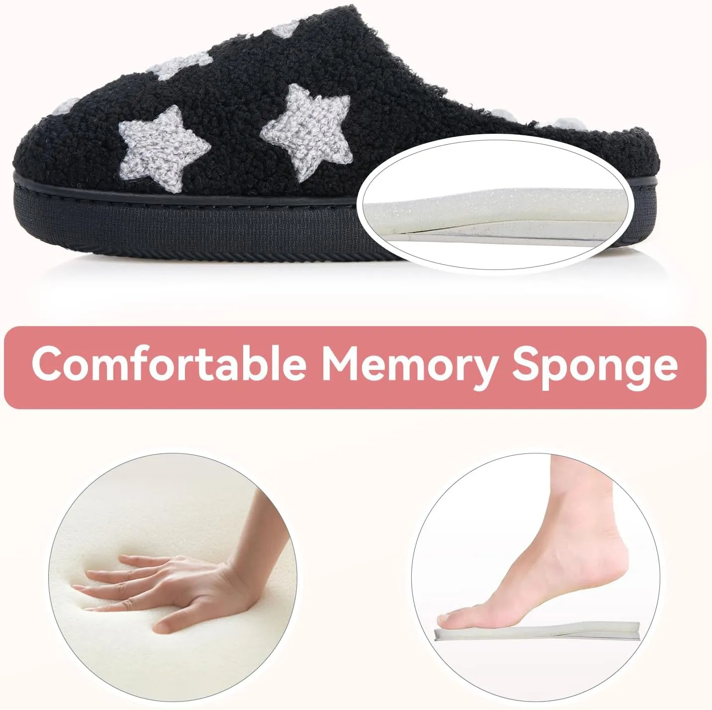 Memory Foam Slippers for Women - House Slip-on with Colorful Hearts & Stars Pattern Cute Cozy Bedroom shoes