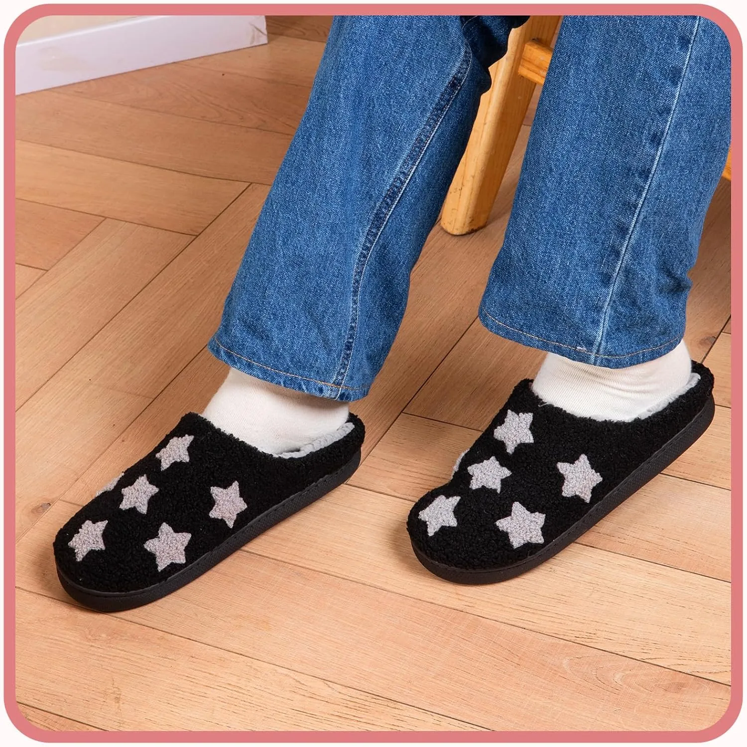 Memory Foam Slippers for Women - House Slip-on with Colorful Hearts & Stars Pattern Cute Cozy Bedroom shoes