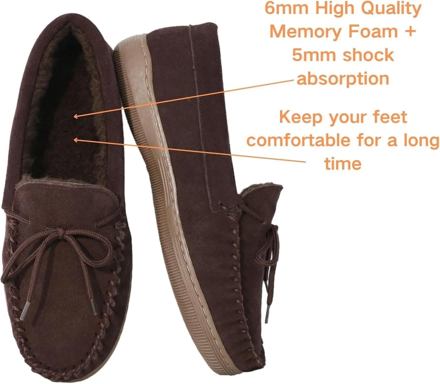 Men Moccasins Slipper Genuine Suede Upper Faux Fur Lining Memory Foam Rubber Soles Indoor Outdoor House Slipper