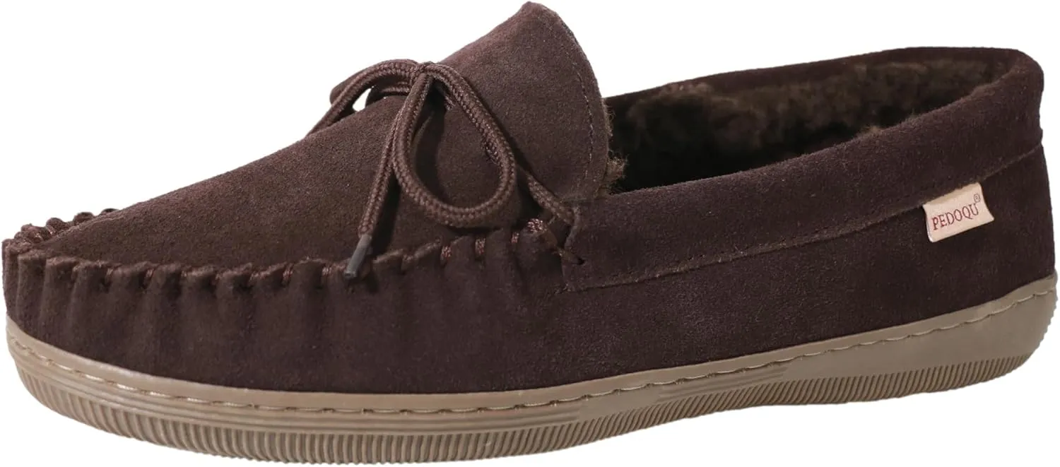 Men Moccasins Slipper Genuine Suede Upper Faux Fur Lining Memory Foam Rubber Soles Indoor Outdoor House Slipper