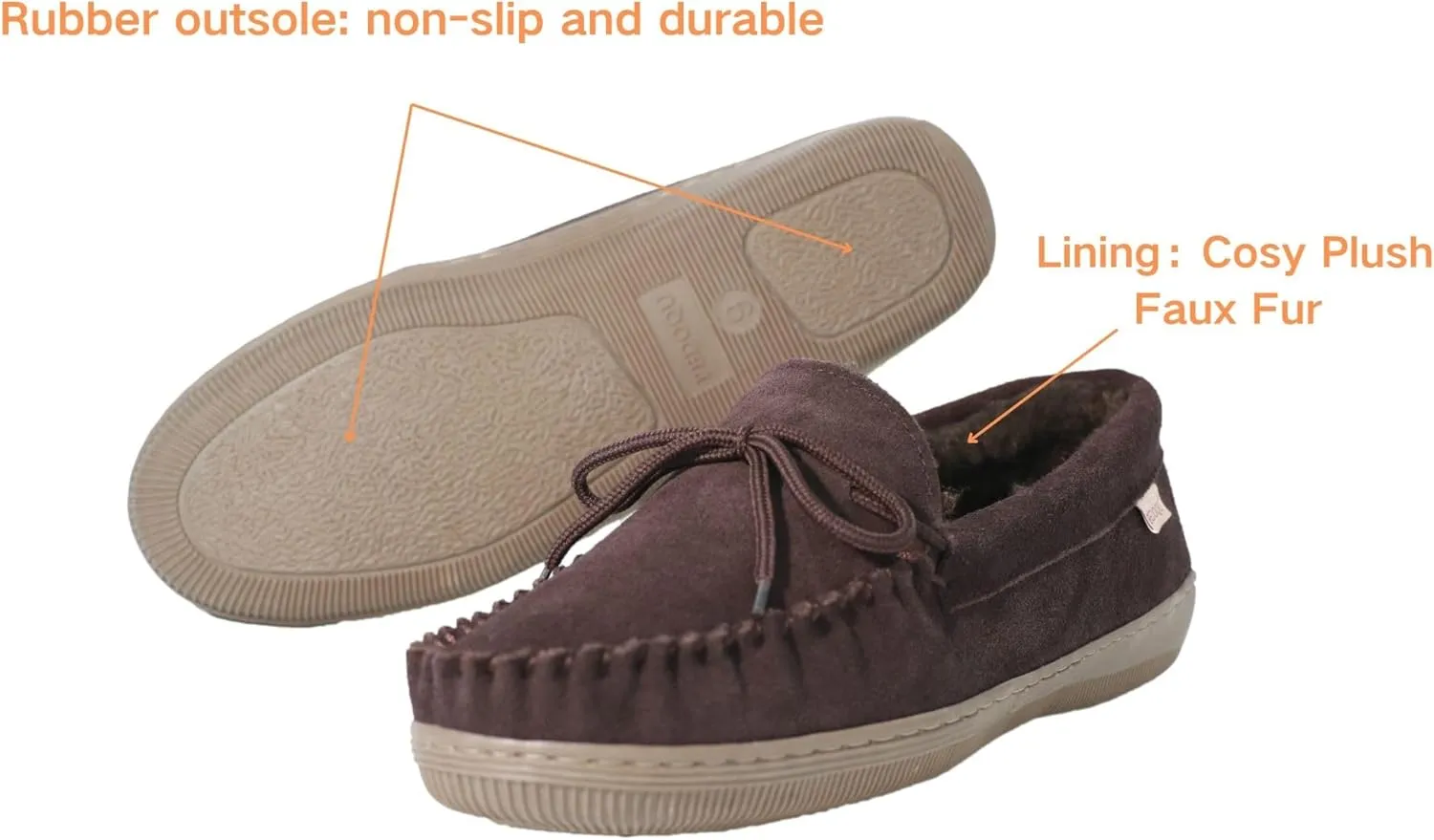 Men Moccasins Slipper Genuine Suede Upper Faux Fur Lining Memory Foam Rubber Soles Indoor Outdoor House Slipper