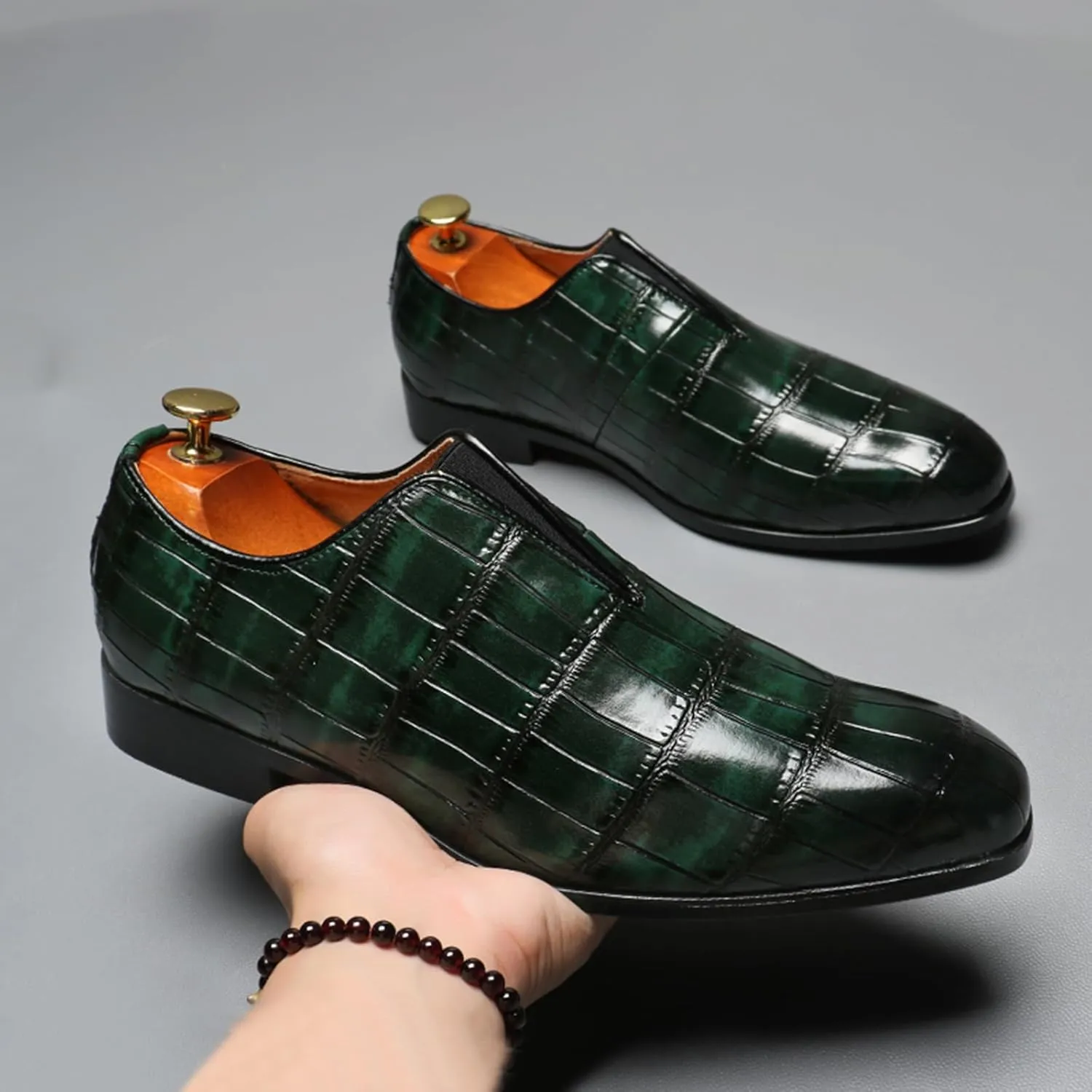 Mens Dress Shoes Leather Loafer, Fashion Crocodile Printed Handmade Dress Shoes Slip on Loafer Shoes for Men