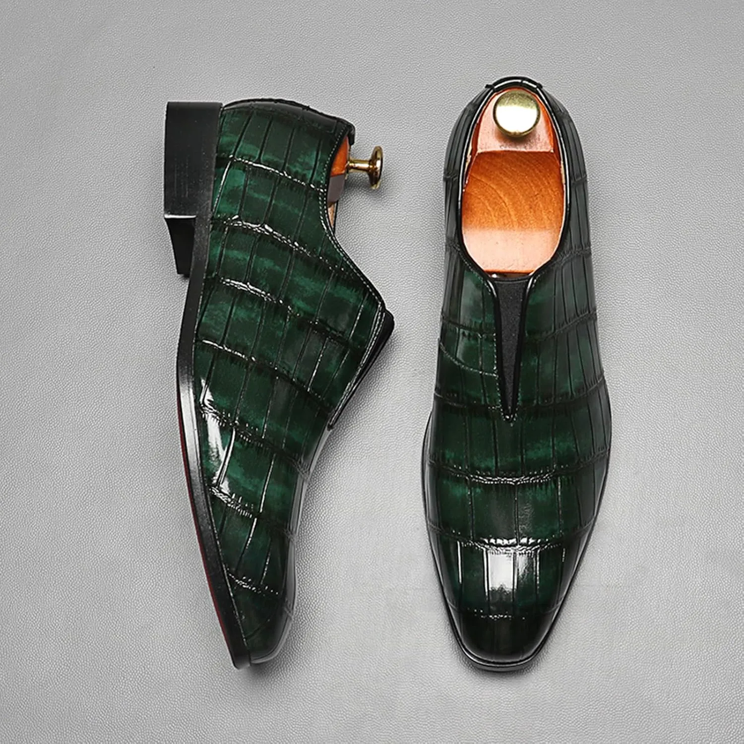 Mens Dress Shoes Leather Loafer, Fashion Crocodile Printed Handmade Dress Shoes Slip on Loafer Shoes for Men