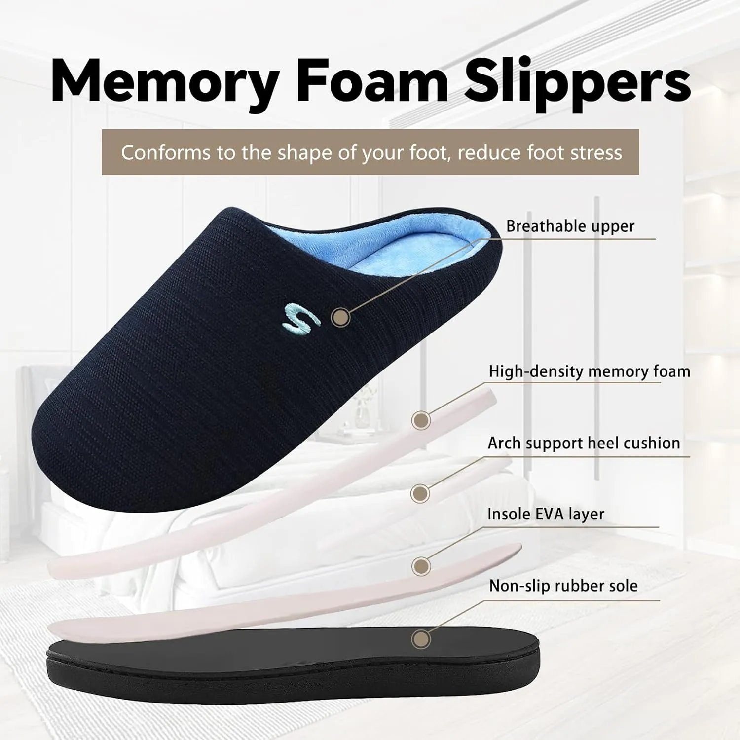 Mens Memory Foam Slipper, Slip on Cozy Slippers for Man, Warm Flannel Machine Washable House Slippers Indoor Outdoor