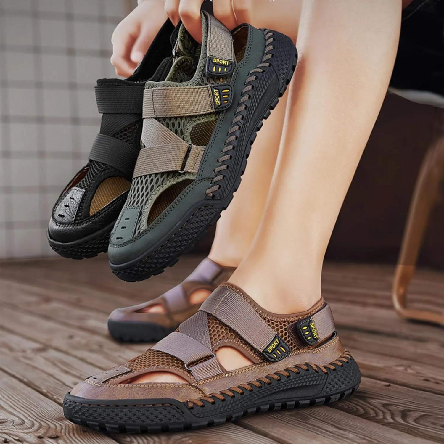 Men'S Mesh Hooked Strappy Platform fisherman Sandals With Adjustable Straps Summer Lightweight Breathable Closed Toe Athletic Sport Sandals For Walking Casual Hiking Sandals