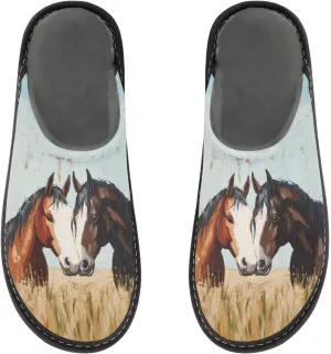 Mens Women's Slippers, Wheat Field Couple Horse Painting Slip-On Breathable Memory Foam Scuff Warm House Shoes Casual Slip Indoor/Outdoor Size 4-11