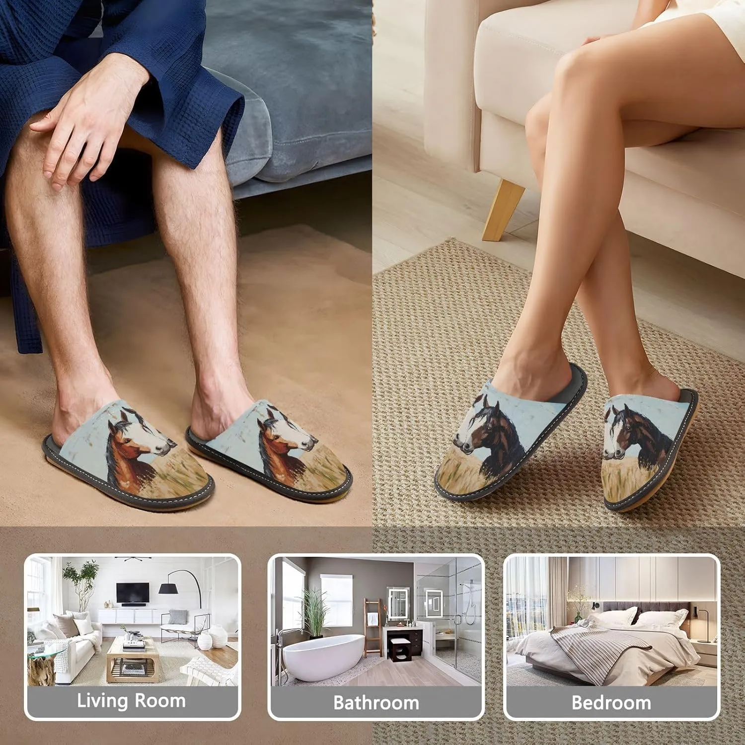 Mens Women's Slippers, Wheat Field Couple Horse Painting Slip-On Breathable Memory Foam Scuff Warm House Shoes Casual Slip Indoor/Outdoor Size 4-11