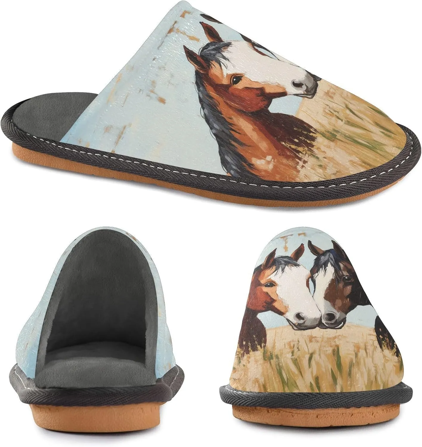Mens Women's Slippers, Wheat Field Couple Horse Painting Slip-On Breathable Memory Foam Scuff Warm House Shoes Casual Slip Indoor/Outdoor Size 4-11