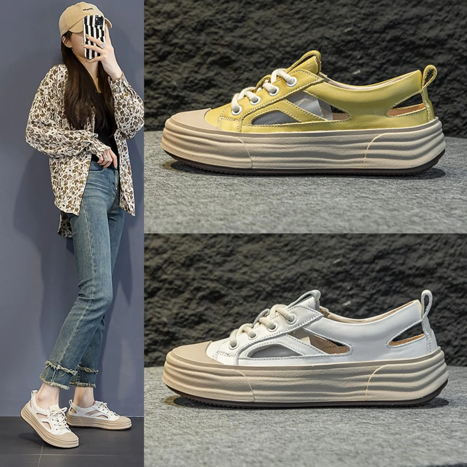 Micoklinlin Sandals for Women Genuine Leather Hiking Athletic Sandals Breathable Skeleton Sneakers For Beach Summer Outdoor