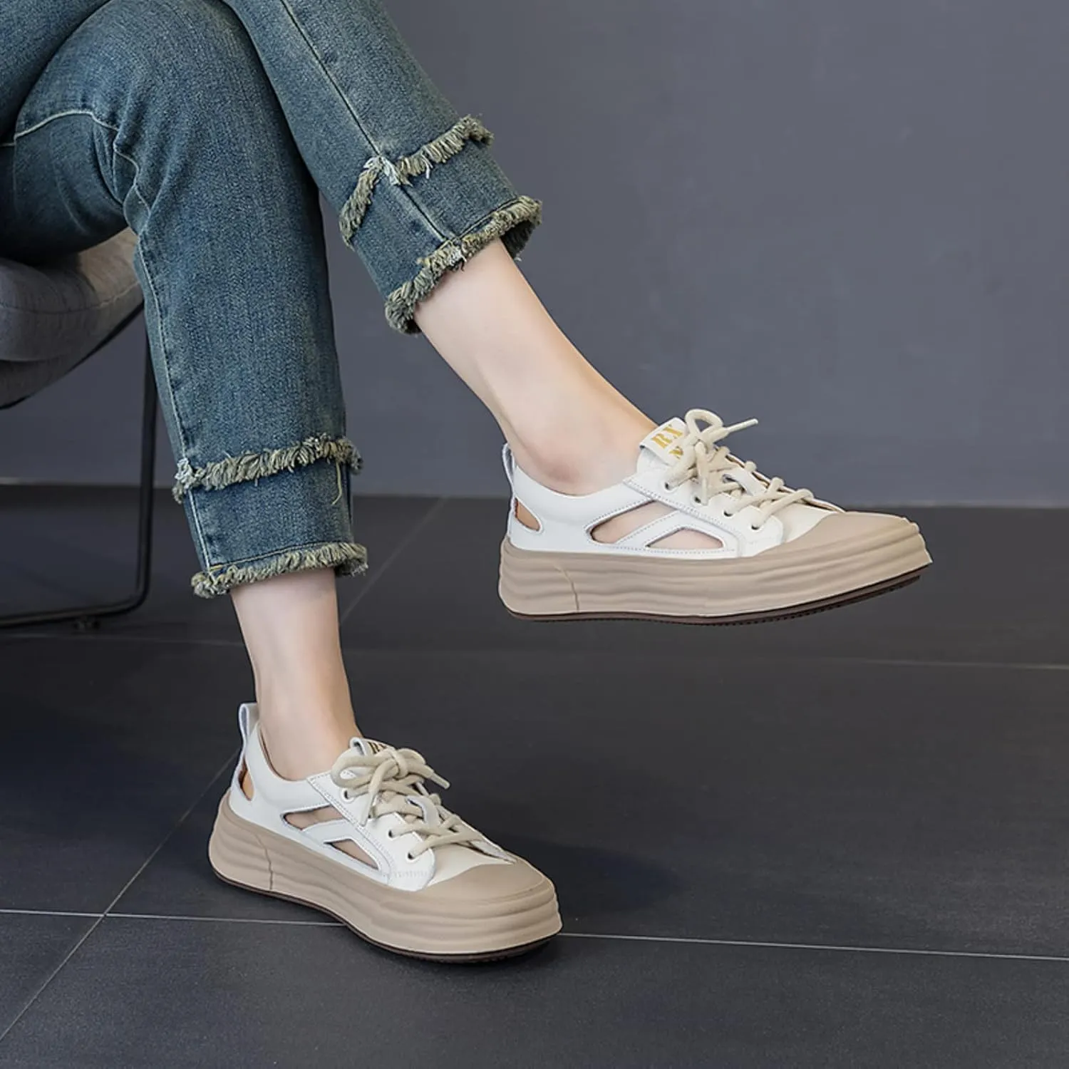 Micoklinlin Sandals for Women Genuine Leather Hiking Athletic Sandals Breathable Skeleton Sneakers For Beach Summer Outdoor